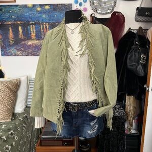 Dialogue Vintage 100% Suede Leather Fringe Jacket Pistachio Green M